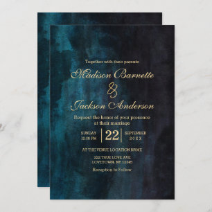 Navy Blue Teal Watercolor Gold Wedding Invitation