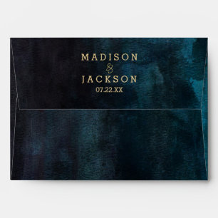 Navy Blue Teal Watercolor & Gold Wedding Monogram Envelope