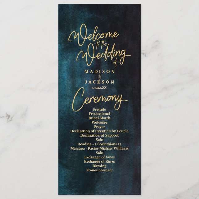 Navy Blue & Teal Watercolor Gold Wedding Program (Front)