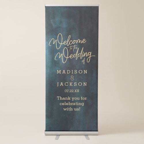 Navy Blue  Teal Watercolor Gold Wedding Welcome Retractable Banner
