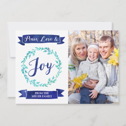 Navy Blue Teal Watercolor Wreath Christmas Photo Holiday Card