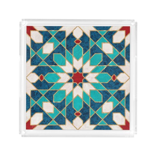 Navy Blue Teal White Red Marble Moroccan Mosaic  Acrylic Tray