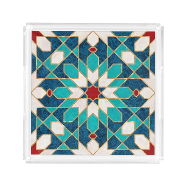 Navy Blue Teal White Red Marble Moroccan Mosaic  Acrylic Tray (Front)