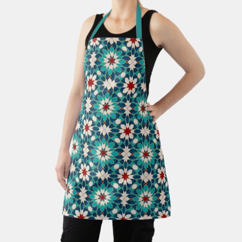 Navy Blue Teal White Red Marble Moroccan Mosaic  Apron