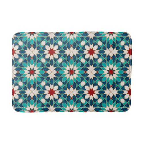 Navy Blue Teal White Red Marble Moroccan Mosaic  Bath Mat