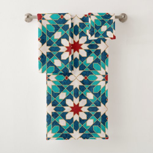 Navy Blue Teal White Red Marble Moroccan Mosaic   Bath Towel Set