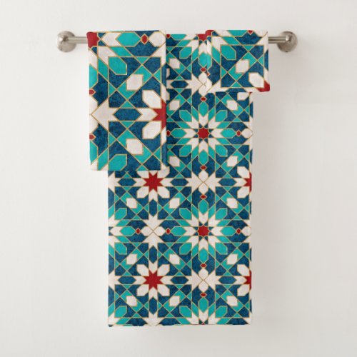 Navy Blue Teal White Red Marble Moroccan Mosaic  Bath Towel Set