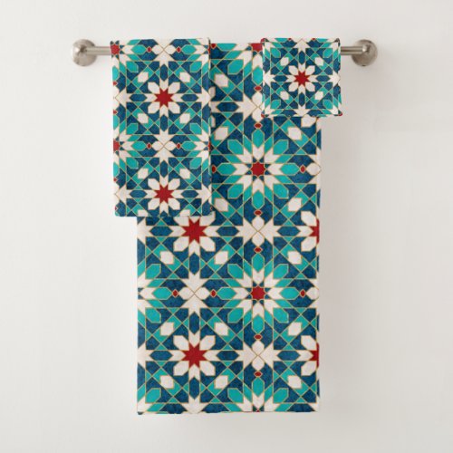 Navy Blue Teal White Red Marble Moroccan Mosaic Bath Towel Set