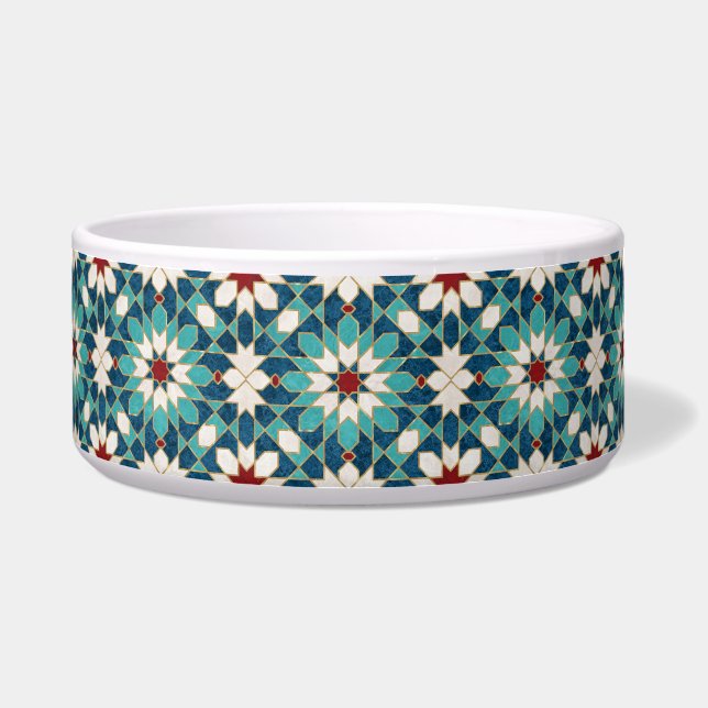 Navy Blue Teal White Red Marble Moroccan Mosaic Bowl (Front)