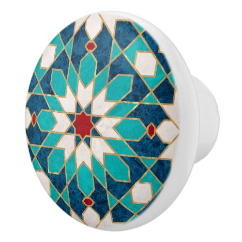 Navy Blue Teal White Red Marble Moroccan Mosaic Ceramic Knob