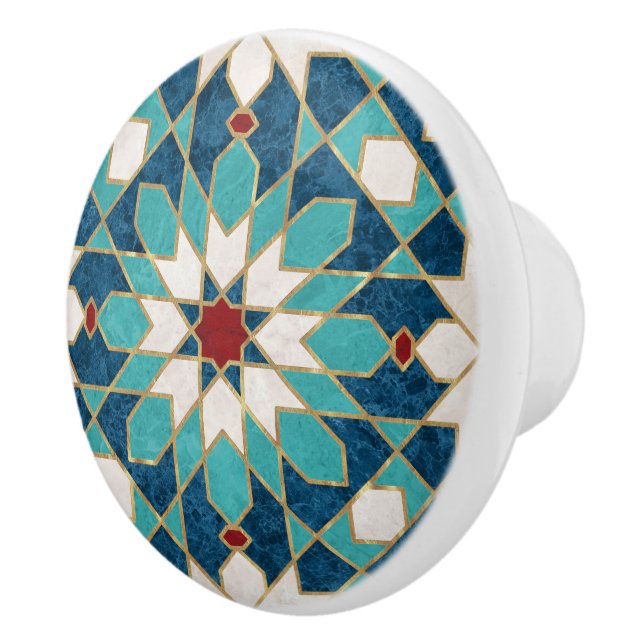 Navy Blue Teal White Red Marble Moroccan Mosaic Ceramic Knob (Right)