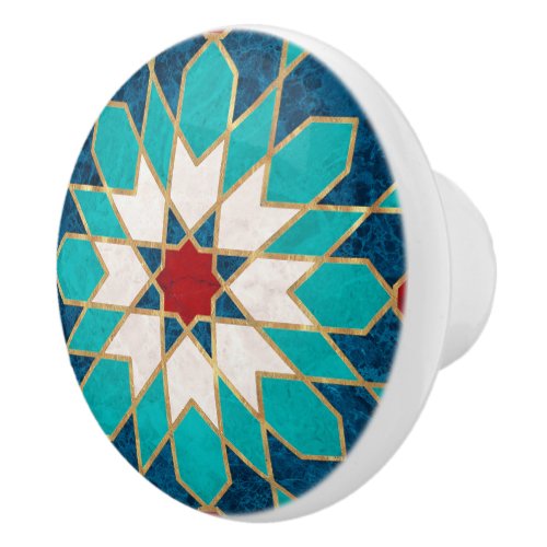 Navy Blue Teal White Red Marble Moroccan Mosaic Ceramic Knob