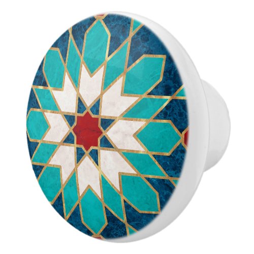 Navy Blue Teal White Red Marble Moroccan Mosaic Ceramic Knob