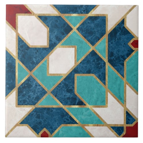 Navy Blue Teal White Red Marble Moroccan Mosaic Ceramic Tile