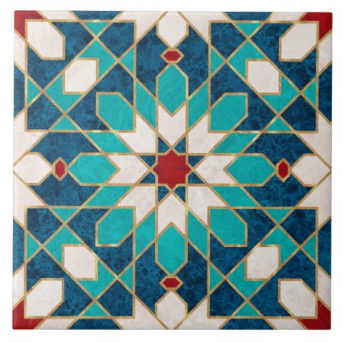 Navy Blue Teal White Red Marble Moroccan Mosaic Ceramic Tile