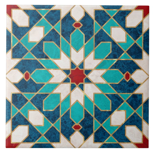 Navy Blue Teal White Red Marble Moroccan Mosaic Ceramic Tile (Front)