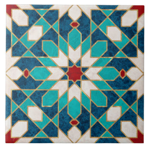 Navy Blue Teal White Red Marble Moroccan Mosaic Ceramic Tile
