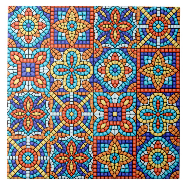 Navy Blue Teal White Red Marble Moroccan Mosaic  Ceramic Tile (Front)