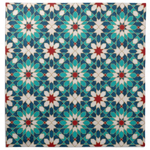 Navy Blue Teal White Red Marble Moroccan Mosaic  Cloth Napkin