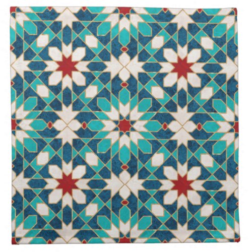 Navy Blue Teal White Red Marble Moroccan Mosaic Cloth Napkin