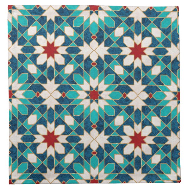 Navy Blue Teal White Red Marble Moroccan Mosaic Cloth Napkin (Front)