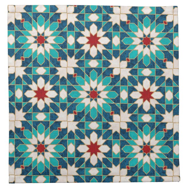 Navy Blue Teal White Red Marble Moroccan Mosaic Cloth Napkin (Front)