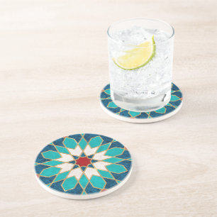 Navy Blue Teal White Red Marble Moroccan Mosaic Coaster