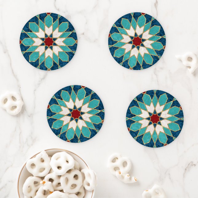 Navy Blue Teal White Red Marble Moroccan Mosaic  Coaster Set (In Situ)