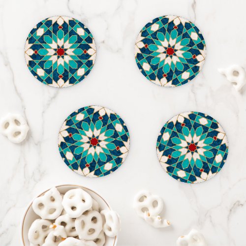 Navy Blue Teal White Red Marble Moroccan Mosaic  Coaster Set