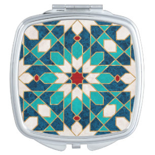 Navy Blue Teal White Red Marble Moroccan Mosaic Compact Mirror