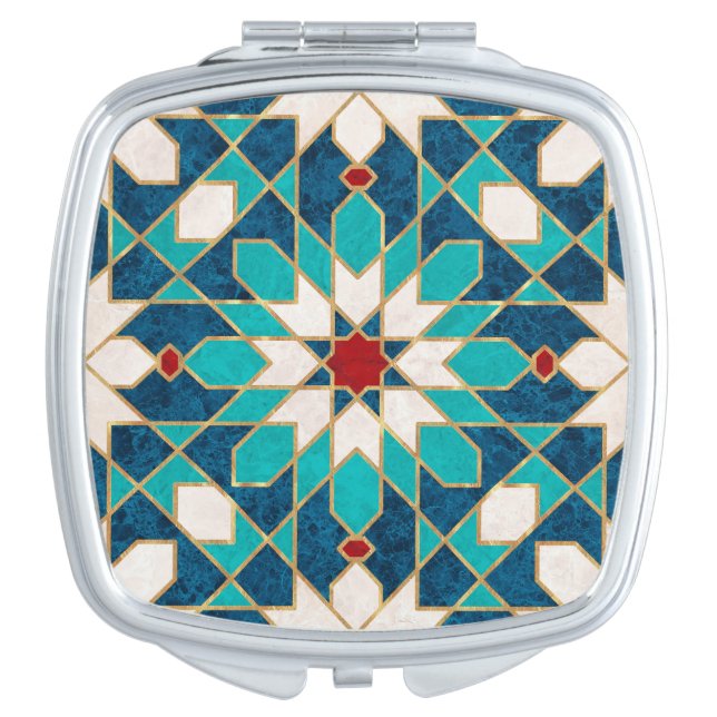 Navy Blue Teal White Red Marble Moroccan Mosaic Compact Mirror (Front)