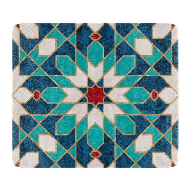 Navy Blue Teal White Red Marble Moroccan Mosaic  Cutting Board (Front)