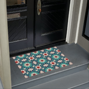 Navy Blue Teal White Red Marble Moroccan Mosaic  Doormat