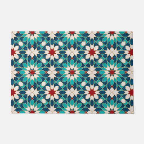Navy Blue Teal White Red Marble Moroccan Mosaic  Doormat