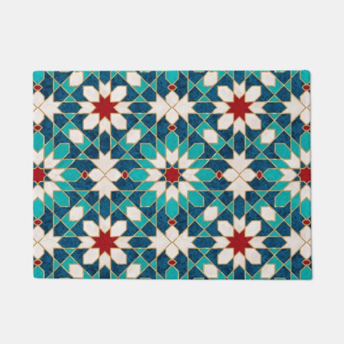 Navy Blue Teal White Red Marble Moroccan Mosaic  Doormat