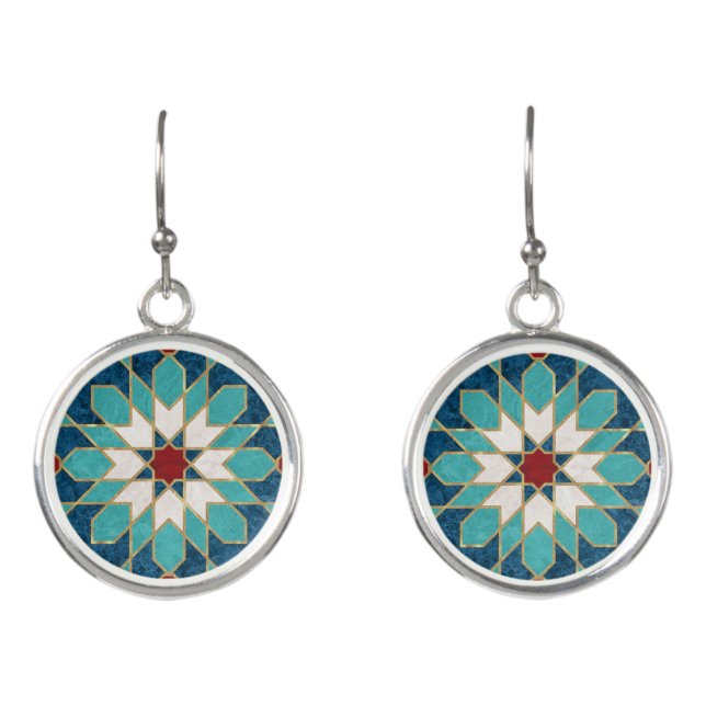 Navy Blue Teal White Red Marble Moroccan Mosaic Earrings (Front)