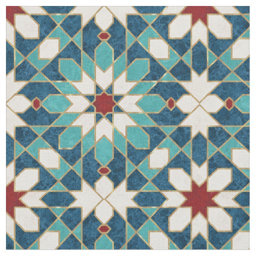Navy Blue Teal White Red Marble Moroccan Mosaic Fabric