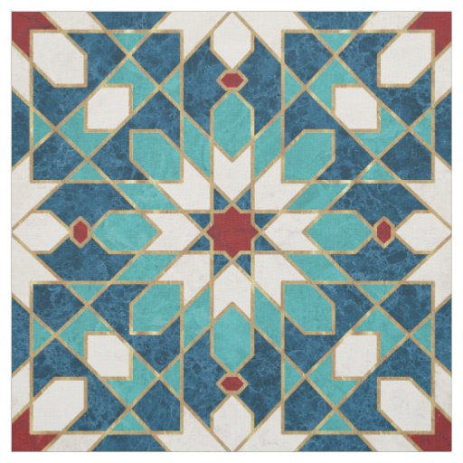 Navy Blue Teal White Red Marble Moroccan Mosaic Fabric