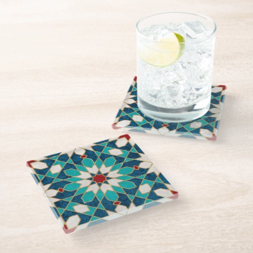 Navy Blue Teal White Red Marble Moroccan Mosaic  Glass Coaster