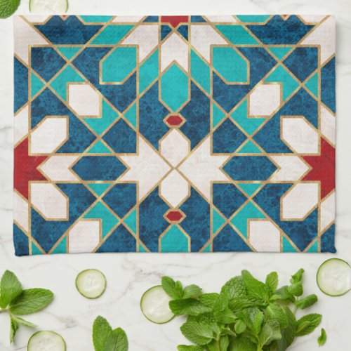 Navy Blue Teal White Red Marble Moroccan Mosaic  Kitchen Towel