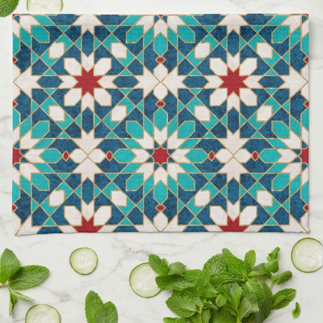 Navy Blue Teal White Red Marble Moroccan Mosaic Kitchen Towel (Folded)
