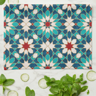 Navy Blue Teal White Red Marble Moroccan Mosaic Kitchen Towel