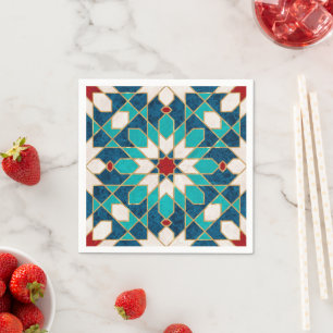 Navy Blue Teal White Red Marble Moroccan Mosaic  Napkins