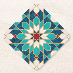 Navy Blue Teal White Red Marble Moroccan Mosaic Paper Coaster