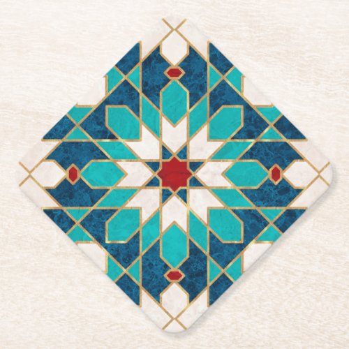 Navy Blue Teal White Red Marble Moroccan Mosaic Paper Coaster