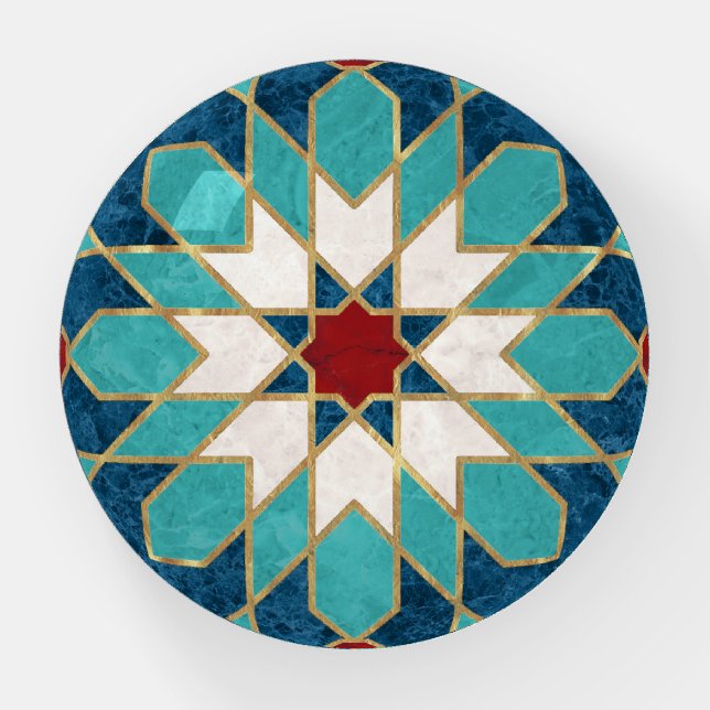 Navy Blue Teal White Red Marble Moroccan Mosaic  Paperweight (Front)