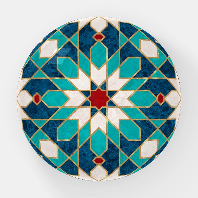Navy Blue Teal White Red Marble Moroccan Mosaic  Paperweight (Front)