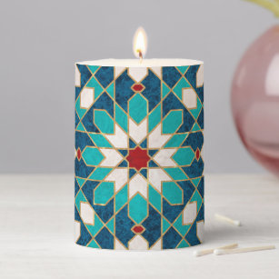 Navy Blue Teal White Red Marble Moroccan Mosaic Pillar Candle