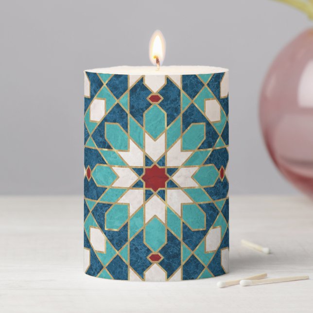 Navy Blue Teal White Red Marble Moroccan Mosaic Pillar Candle (In Situ)