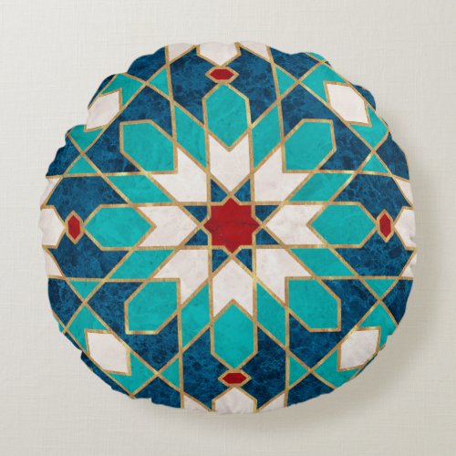 Navy Blue Teal White Red Marble Moroccan Mosaic  Round Pillow